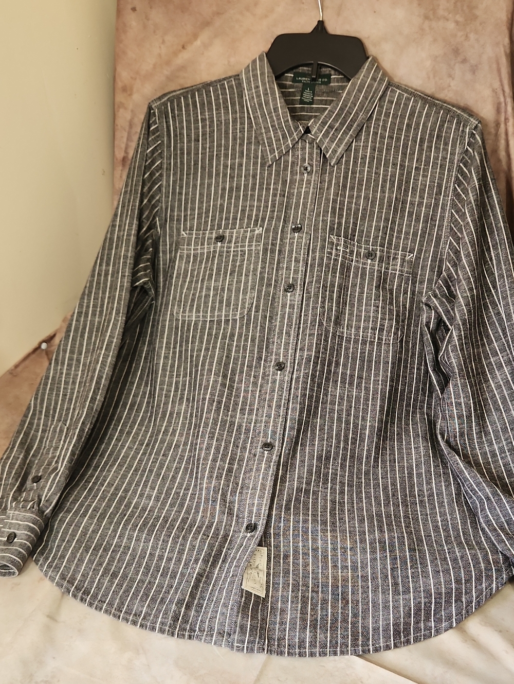 Lauren Ralph Lauren Gray and White Striped Button-Down Shirt